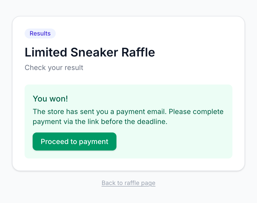 The raffle result page showing a winning message and a payment link